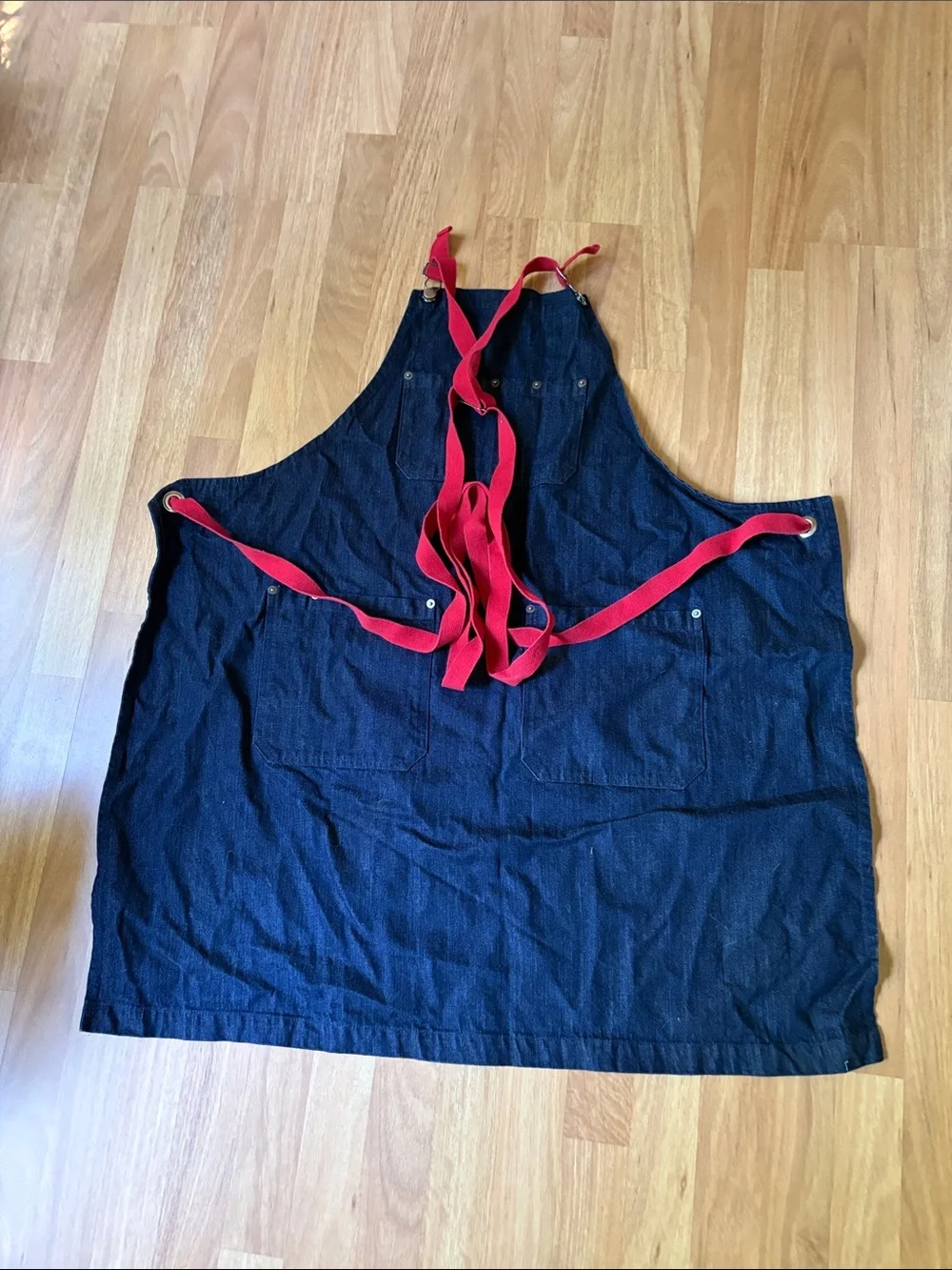 Denim Work Apron with Red Straps